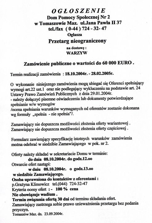 Ogłoszenie z dnia 23.09.2004 r. o przetargu nieograniczonym na dostawę warzyw