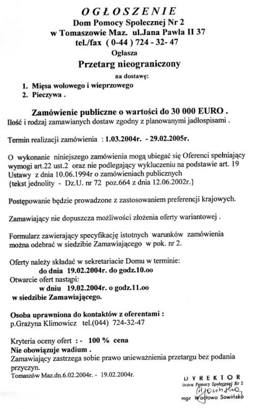 Ogłoszenie z dnia 06.02.2004 r. o przetargu nieograniczonym na dostawę mięsa wołowego i wieprzowego, pieczywa