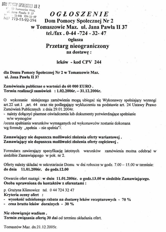 Ogłoszenie z dnia 21.12.2005 r. o przetargu nieograniczonym na dostawę leków - Kod CPV 244